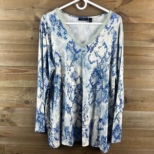 Susan Graver Weekend Womens Shirt Long Sleeve Lace Vneck Snakeskin Blue Size XL